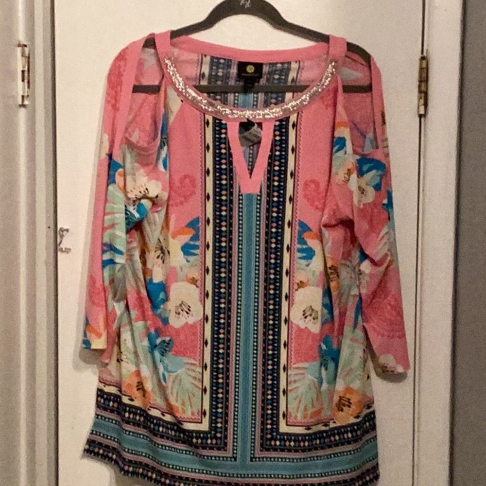 JM Collection Pink Gem Embellished Tunic with 3/4 Sleeves